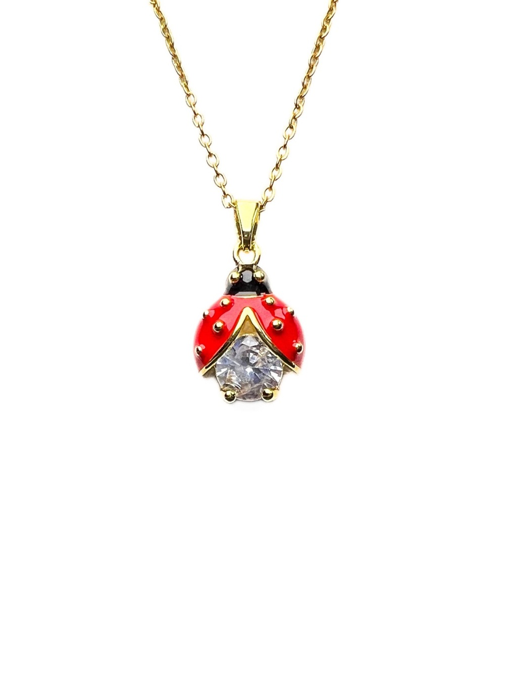 Ladybug Necklace Red Enamel Clear Crystal Gold Tone Pendant Stainless Steel